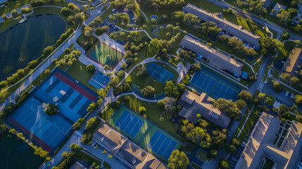 Fototapeta premium Aerial view of a summer recreation center with sports courts 