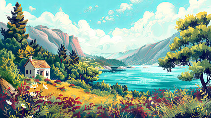 Obraz premium Beautiful outdoor scenery with mountains in summer. Spring landscape illustration.