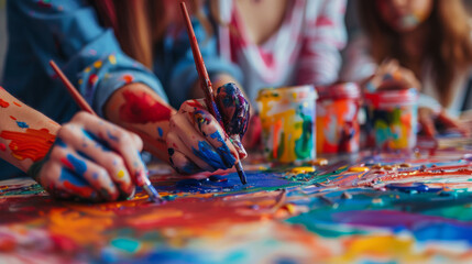 Art therapy session with individuals painting in a bright studio