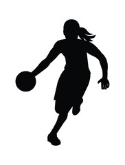 Black figure of a women's basketball girl player who runs forward bending over dribbling the ball and attack