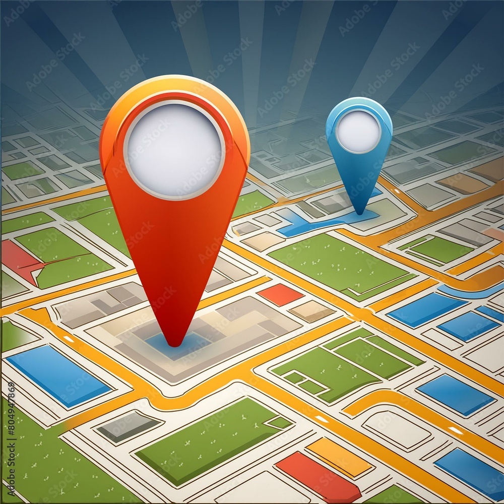 Poster a detailed map displaying a specific location marked with two vibrant pins, symbolizing the starting