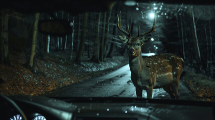 A deer standing in the middle of a wet road at dusk.