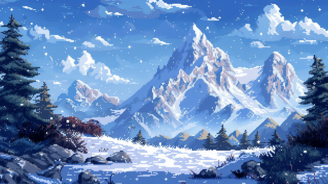 pixel art of snowvy moutain dungeon background battle scene in RPG old school retro 16 bits, 32 bits game style