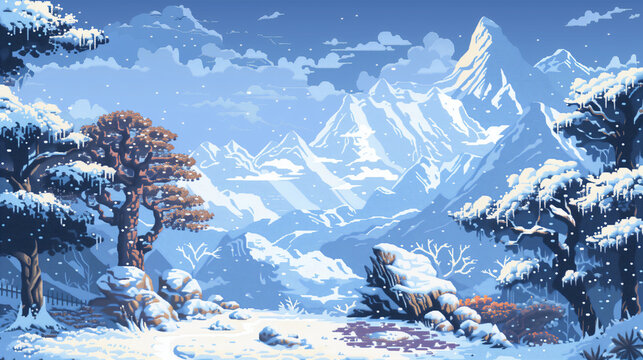 pixel art of snowvy moutain dungeon background battle scene in RPG old school retro 16 bits, 32 bits game style