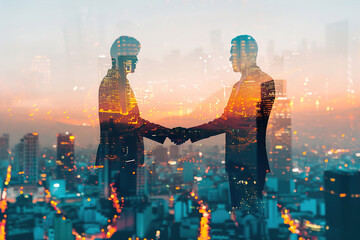 Multiple exposure shot of two businesspeople shaking hands superimposed on a cityscape.