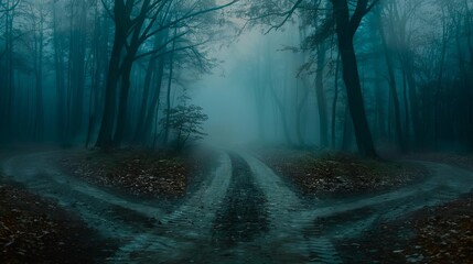 Fototapeta premium Abstract concept of an ethical dilemma, represented by diverging paths in a foggy, mysterious forest setting, Global Perspective