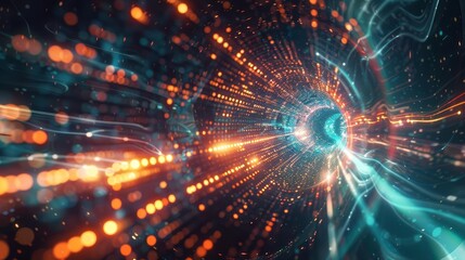 Naklejka premium Abstract concept of the Code Universe converging at the singularity, streams of binary and quantum bits merging, futuristic background