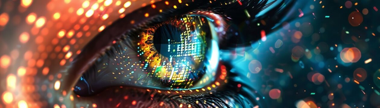 Closeup on a digital eye reflecting the Code Universe and its convergence into the singularity, concept of vision and future, Abstract illustrations
