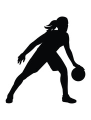 Black silhouette of a women's basketball girl player who hit and dribble the ball protecting it