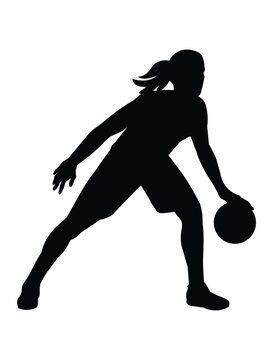 recommend clip art: Black silhouette of a women's basketball girl player who hit and dribble the ball protecting it