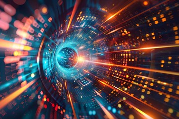 Quantum computing core unleashing a powerful data explosion, depicted with light trails and digital elements, Vector graphics