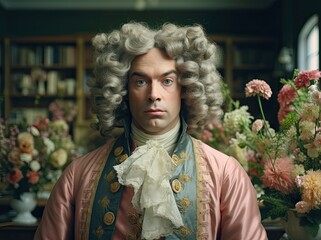 man in ornate 18th century costume with curly wig and flowers