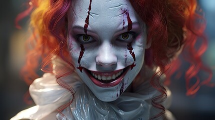 Creepy clown with red hair and bloody face