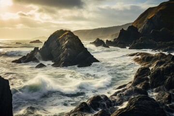 Obraz premium Dramatic rocky coastline with crashing waves