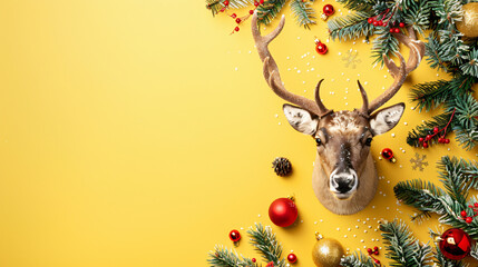 Reindeer with Christmas decor on yellow background 