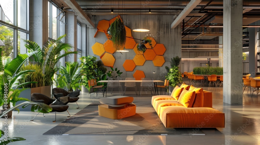 Poster harmonizing spaces: enhancing workplace ambiance with the geometric finesse of backdrop hexagon.