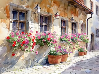 Prague streets with windows and houses and flowers in watercolor style
