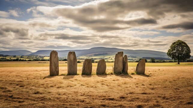 ancient stone monoliths in a rural landscape