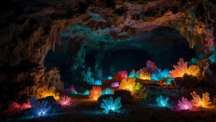 A mystical cave adorned with luminescent crystals, illuminating the darkness with a myriad of colors ai_generated