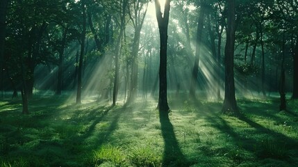 Obraz premium Misty forest scene with sunlight filtering through the trees, casting enchanting shadows