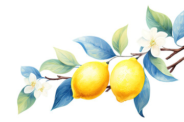 Bright yellow lemons with leaves watercolor illustration isolated on a Transparent Background. Generative AI
