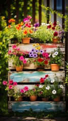 Beautiful different color flowers in pots on wooden pallet