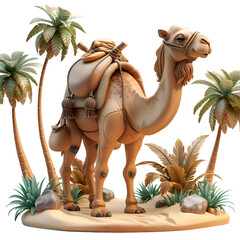 A 3D animated cartoon render of a curious camel showing explorers a secret paradise.