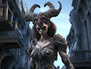 Demonic female fantasy character with horns and dark armor