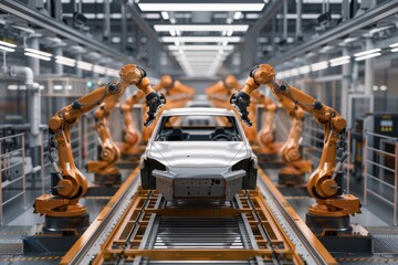 Robotic arms in an auto assembly line work on a car chassis in a modern industrial setting. Created with Generative AI