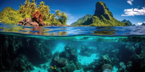 Tropical island paradise with vibrant coral reef underwater