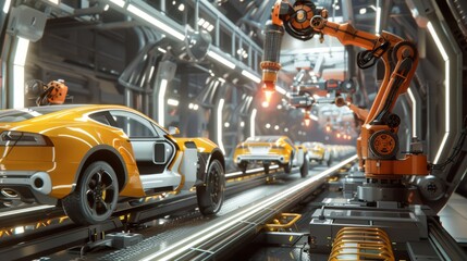 Automated robotic arms assembling yellow sports cars in a futuristic factory setting. Created with Generative AI