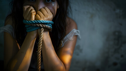 Woman hand were tied with a rope. Stop Violence, Terrified, Human Rights Day concept.