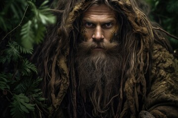 Mysterious bearded man in the forest