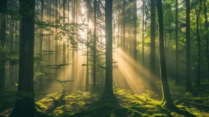 Obraz premium Misty forest scene with sunlight filtering through the trees, casting enchanting shadows