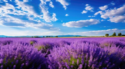 Stunning lavender field under blue sky with clouds