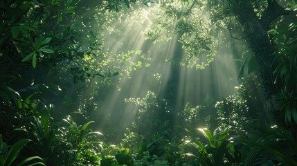 Serene forest backdrop with sunlight filtering through lush green foliage