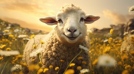 Cute and happy sheep in a field of flowers
