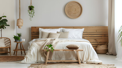 3d rendering of a modern bedroom interior design. Scandinavian style.
