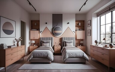 Little kids Bedroom trend 2024 year. Modern luxury room interior home or kids room.room for twins kids.3d render