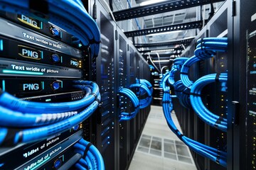 Data center interior with blue network cables connected to servers, showcasing modern technology infrastructure. Created with Generative AI - obrazy, fototapety, plakaty