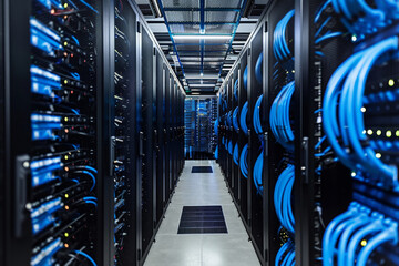 Modern data center with rows of server racks and blue cabling. High-tech facility for cloud computing. Created with Generative AI - obrazy, fototapety, plakaty