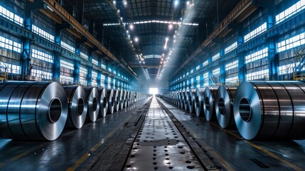 Modern steel factory with large steel coils and industrial ambiance. Created with Generative AI - obrazy, fototapety, plakaty