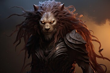 Fierce mythical lion creature with glowing eyes and dark feathered cloak