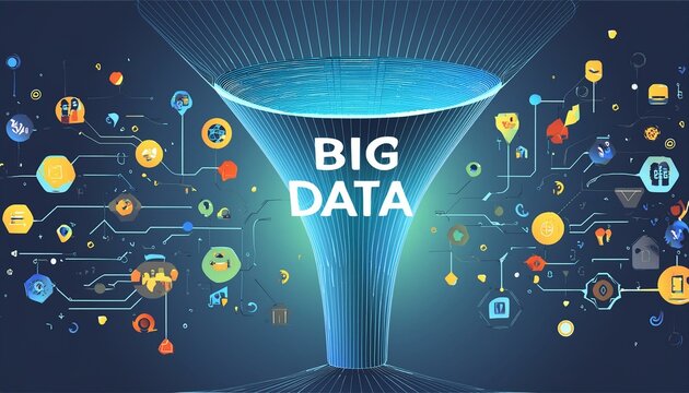 Big data technology and information funnel concept. Large digital funnel with online data as process of data collection, analysis, and transformation into useful information. Modern, digital style - Powered by Adobe