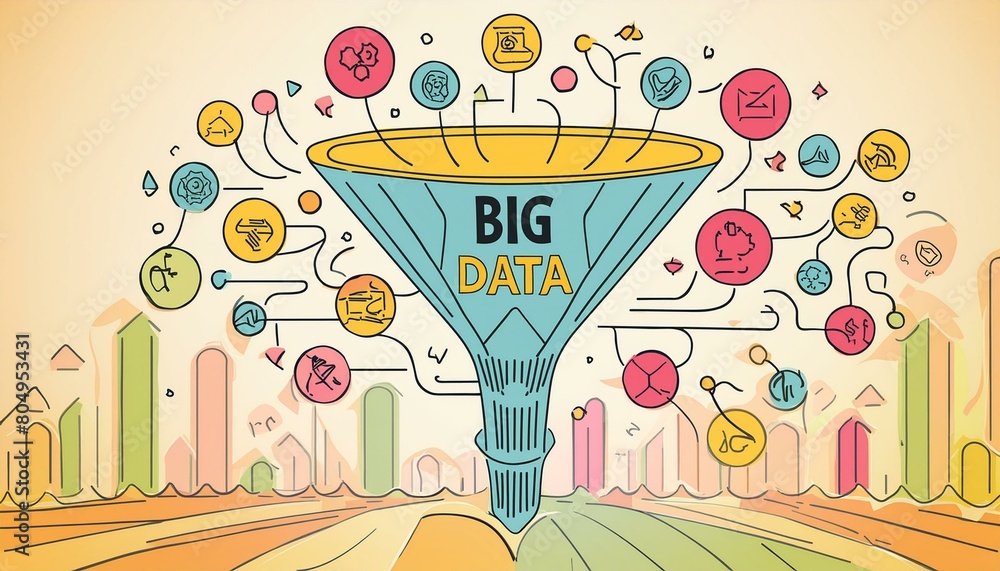 Poster big data technology and information funnel concept. large digital funnel with online data as process
