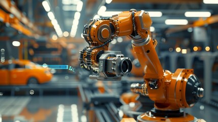 Industrial robot arm in a modern factory setting with vehicles being assembled in the background. Created with Generative AI - obrazy, fototapety, plakaty