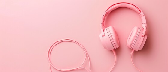 Pink headphones on a matching background, cable neatly curled, minimalist design. Created with Generative AI