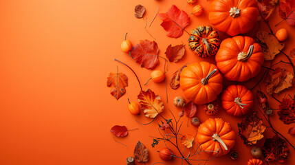 Ripe pumpkins and autumn leaves on orange background 