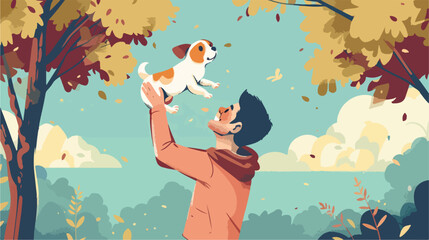 Young man lifting cute dog mascot in the park vector