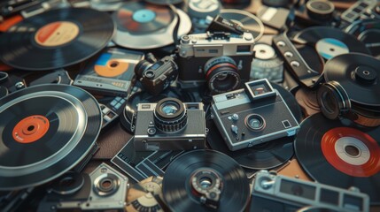 technology gadgets such as cameras, cassette tapes, or vinyl records, background 3d style, realistic.